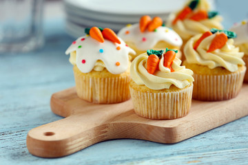 Easter cupcakes on cutting board, closeup