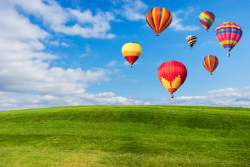 Colourful hot air balloons flying over green field and blue sky