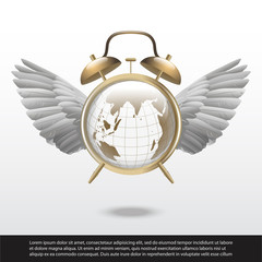 Time flies. alarm clock with wings and world map vector illustration.