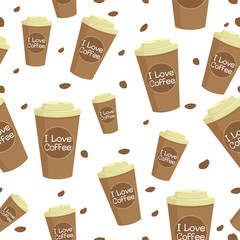 Seamless Pattern Of Brown Paper Coffee Cup With Coffee Beans And I Love Coffee Text