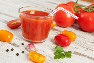 Tomato juice and vegetables with spices, healthy nutrition