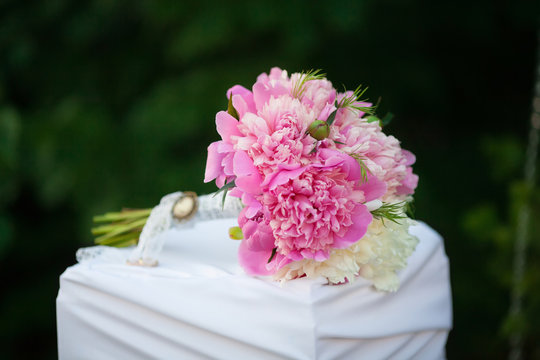 Beautiful wedding bouquet of pink peons. Close up