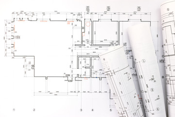 architect rolls and plans, technical project drawing