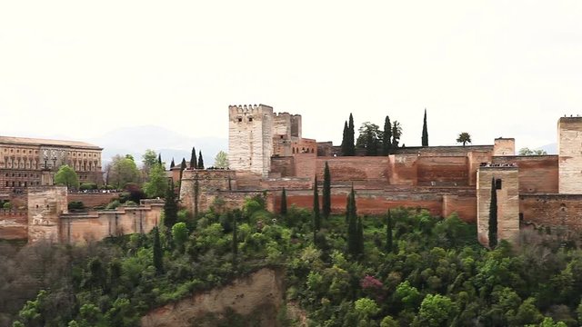 180 degrees panoramic aerial view of  famous Alhambra Royal Palace from the best viewpoint. This site is known as one of the most beautiful in the world and a Unesco heritage.Granada, Andalusia, Spain