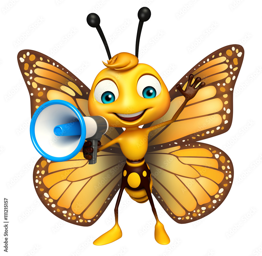 Poster cute Butterfly cartoon character with loud speaker