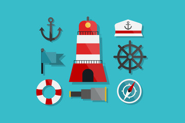 Sea and Nautical Marine Icons Flat Design Vector Illustration Element Icons Set
