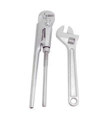 Plumber wrench and adjustable wrench on light background