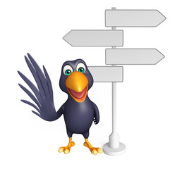 cute Crow cartoon character  with way sign