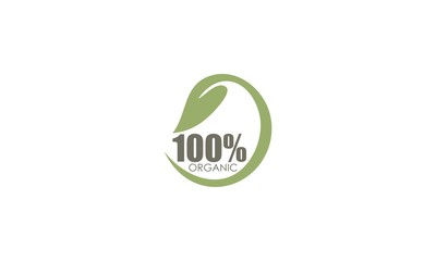 100% organic sign with green leaves. Vector
