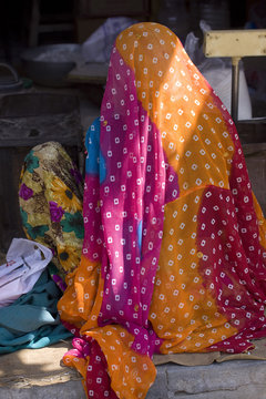 woman draped in colorful saree , rural Rajasthan, India