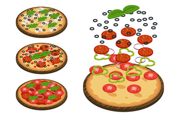 Iillustration of several isometric pizzas with various ingredients