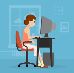 a woman uses a computer flat style