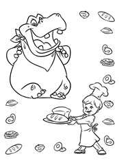 Hippo animals eating bread boy chef coloring pages