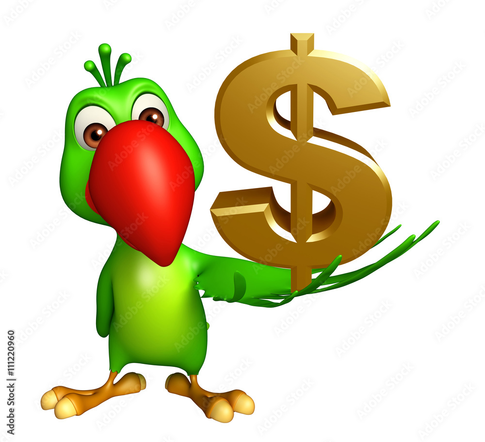 Sticker  Parrot cartoon character with dollar sign