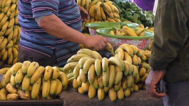 Fruit seller is weighing bananas at the market stall in Arabic country