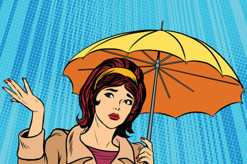 Beautiful sad girl in rain with umbrella, bad weather