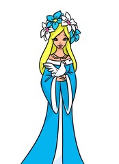 Girl symbol peace pigeon spring wreath flowers hairstyle ethnic
