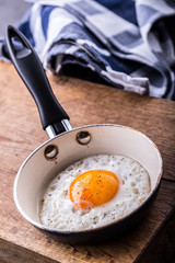 Egg. Fried egg. Chicken egg. Close up view of the fried egg on a frying pan. Salted and spiced fried egg