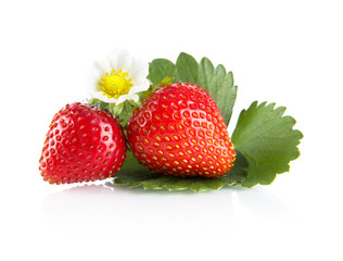 Whole strawberries isolated with flower,leaves on white