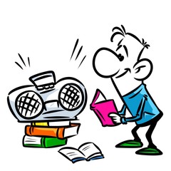 Man training education books tape recorder cartoon illustration

