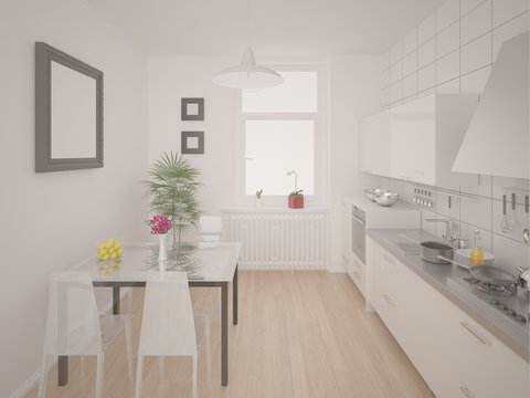 Comfortable bright kitchen with white furniture.