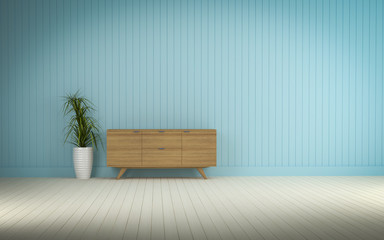 wood cabinet in blue wall living room 3d rendering..
