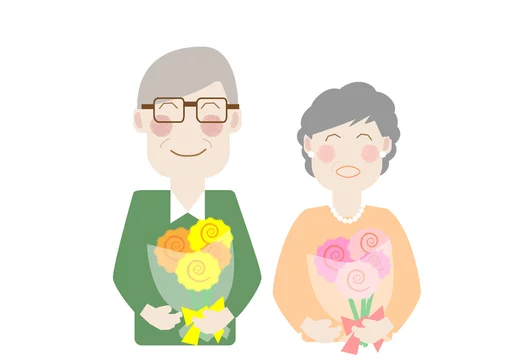 シニア 夫婦 老夫婦 金婚式 お祝い 老後 高齢者 幸せ 還暦 家族 親 日本人 二人 並ぶ 花束 Stock イラスト Adobe Stock