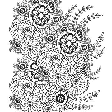 Vector pattern with doodle ornament of flowers. Adult coloring book page. Zentangle design for decoration
