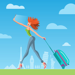 Fototapeta premium Woman traveler with a suitcase