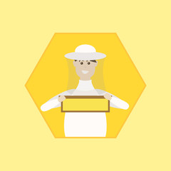 Vector illustration of a beekeeper with a honeycomb frame.