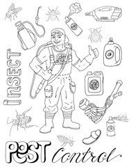 Hand drawn set with pest control oblects, equipment and man