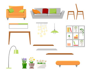 Beautiful design elements, Vector illustration of living room furniture in mid century modern style.