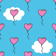 Cute colorful sky seamless pattern background with cartoon heart balloons and clouds.
