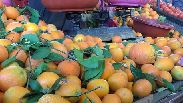 Fruit seller weighing oranges using old style mechanical two-pan balance scales at the market