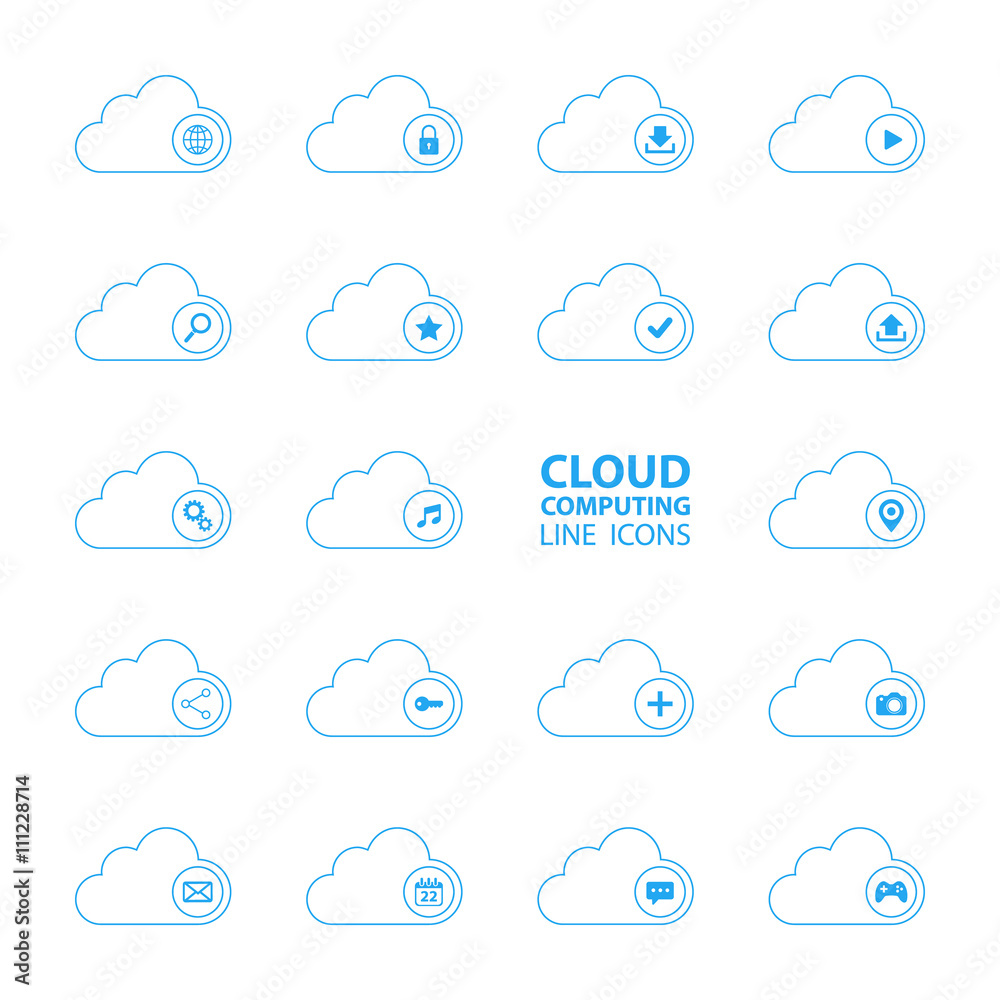 Poster Cloud computing line icons set. Cloud computing technology. Cloud services. Vector illustration.