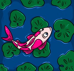 Japanese carp Koi pond swim cartoon illustration  water lily