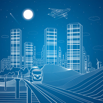 Train move on the bridge, sand dunes, mountains, desert, night city on background, infrastructure illustration, airplane fly, white lines, vector design art