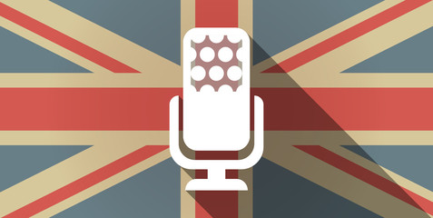 Long shadow UK flag icon with  a microphone sign