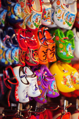 Souvenir shop display with colorful Dutch wooden shoes