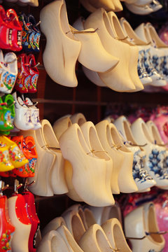 Shop display with colorful dutch wooden shoes
