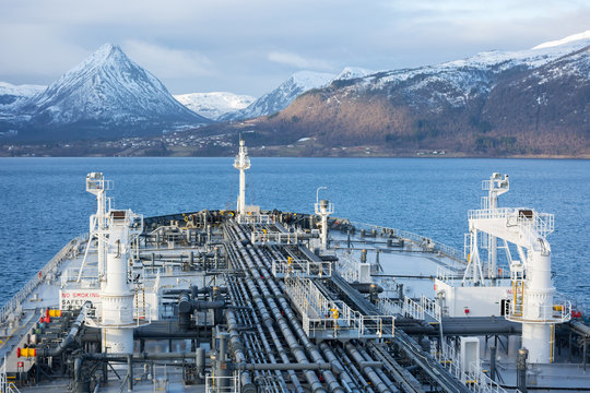 Oil tanker bow against the Norway mountain