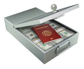 Open metal bank safety deposit box with money and red passport isolated on white background