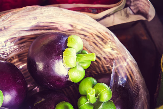 Basket with mangustin on the thai market.