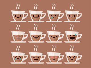 Espresso Cartoon Character with Different Expressions. Isolated