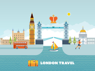 Flat design of London city. Historical and modern building.