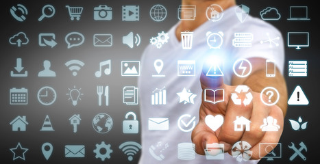 Businessman using digital tactile screen interface with web icon