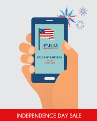 Fourth of July Exclusive Online Offers Sale. hand holding a phone