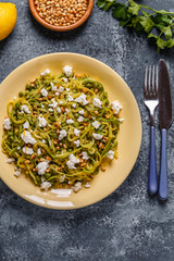 Homemade Zucchini  Zoodles Pasta with Pine nuts and Feta.