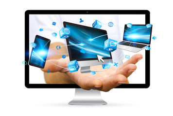 Colorful tech devices and icons applications in businessman hand
