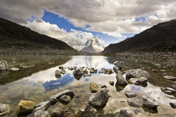sunset above mountain Huascaran in Peru with reflection from lake